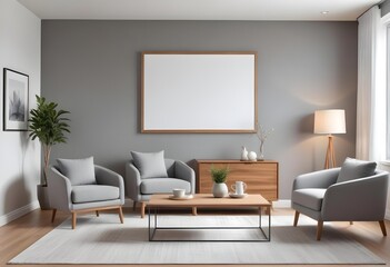 A modern living room with a large blank white frame on the wall, two gray armchairs, a low wooden coffee table, and a table lamp on a side table