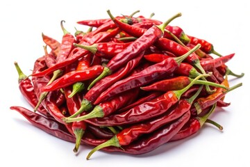 Vibrant dried red chili pepper, a popular Thai spice, lies isolated on a white background, showcasing its textured skin and intense color, perfect for cooking inspiration.