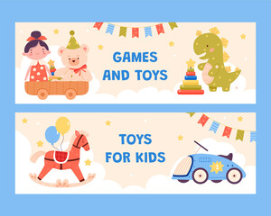 Hand drawn cartoon toys banner set