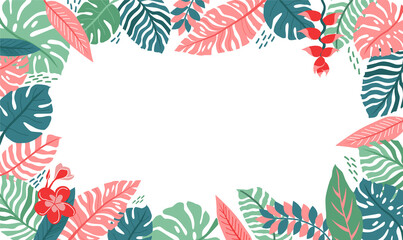 Hand drawn flat jungle background with tropical leaves