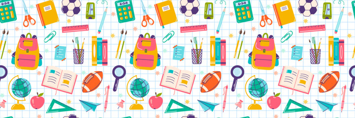School supplies elements, vector seamless pattern in hand drawn style, back to school concept