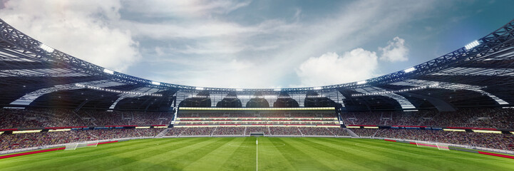 Fototapeta premium 3D render of soccer stadium with empty arena and filled tribune of sport fans waiting for open air match event. Wide angle view. Concept of outdoor sport, activity, football, championship, match