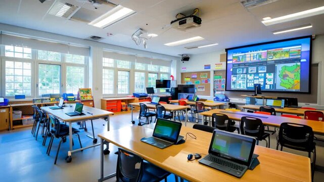 New classroom with modern technology - A classroom with tables and chairs arranged in an orderly manner. There is a big touch screen and a laptop on the table. Some students are testing it out.