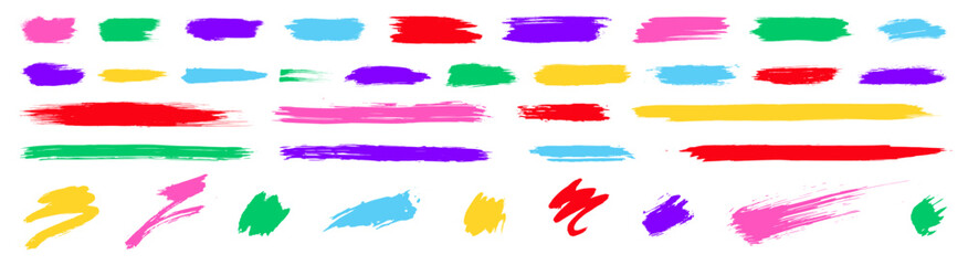 Kids brush line set. Vector abstract childish scribbles, brushstrokes. Textured paint stripes, borders, highlights. Graffiti pattern bg. Hand painted marks. Isolated doodle vector elements collection