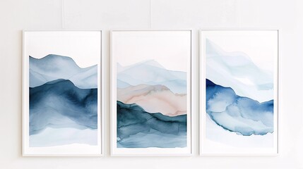 A set of three watercolor posters featuring a continuous image, each piece aligning perfectly on a white background for a cohesive and refined decor