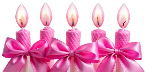 Fototapeta premium Vibrant pink birthday candles with a delicate bow, perfectly arranged and isolated on a crisp white background, celebrating a 50th birthday milestone with elegance.