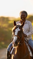 Obraz premium A joyful rider on horseback smiles while enjoying a picturesque sunset ride through a peaceful countryside