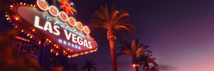 The famous Welcome to Fabulous Las Vegas sign illuminated against a dusky sky, surrounded by tall palm trees and vibrant lights.