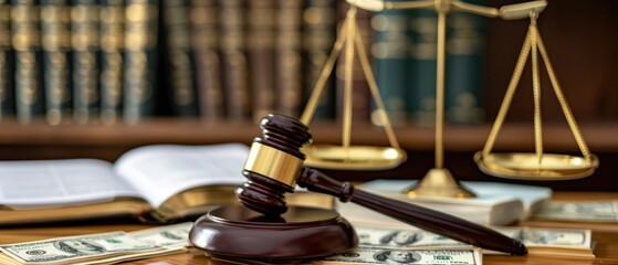 A gavel, scales of justice and law books on the table with cash in front of them, symbolizing a professional lawyer working hard to make money