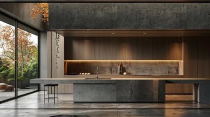 Minimalist futuristic kitchen with concrete countertops, voice-activated assistant, built-in smart lighting.