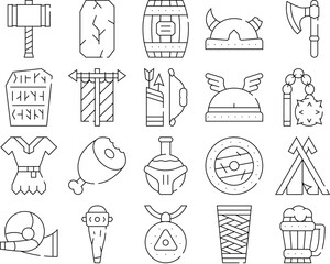 Viking Ancient Culture Collection Icons Set Vector. Viking Hammer And Ax, Bat And Mace, Drink Cup And Wooden Barrel, Clothes And Food Concept Linear Pictograms. Black Contour Illustrations