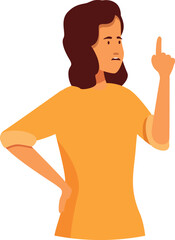 Fototapeta premium Young woman is standing with her hand on her hip and raising her index finger to make a point