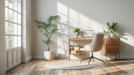 Fototapeta premium Modern minimalist home office with corner desk, slim storage cabinet, large potted plant.