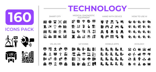 Technology glyphs icon set collection. Smart city IoT. Clean energy. VR, AR, AI. Hand device mobile apps mega pack of black solid symbols, pixel perfect. Isolated vector illustrations. Editable stroke