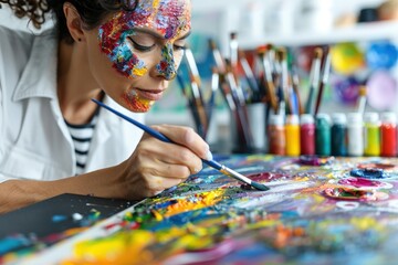 A focused artist uses a brush to apply paint to a colorful and intricate canvas in a studio filled with an array of paints, brushes, and art supplies, working with intent.