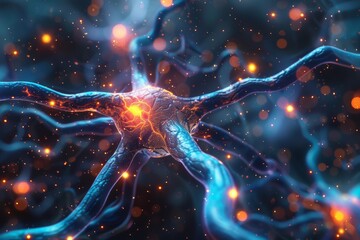 Close-up of a neuron with glowing synapses, representing neural connections and brain activity.