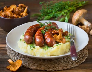 W&uuml;rstchen mit Kartoffelp&uuml;ree, Pfifferlingen und Kr&auml;utern