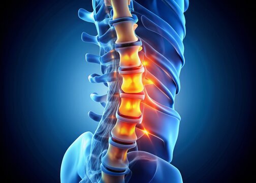 Illuminated 3D model of a lumbar spine showing a herniated disc fragment compressing a spinal nerve, surrounded by vertebrae, highlighting the need for orthopedic treatment.