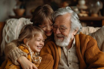 Happy multigenerational family portrait with a baby, mother, and grandfather, showcasing their joy and connection.