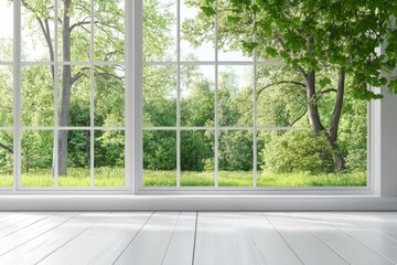 A bright, airy room with a large window overlooking a lush green forest.