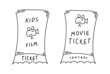 Cute doodle cinema ticket on kids film. Hand drawn movie ticket. Vector illustration