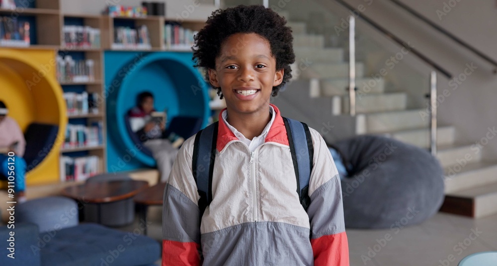 Poster portrait, boy and smile with backpack, library and happy for education in academy and joy for learni