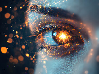 A woman's eye is glowing with a bright light