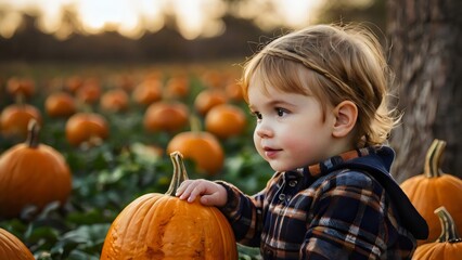 Fototapeta premium Toddler Exploring a Pumpkin Patch During Autumn Sunset in Rural Landscape