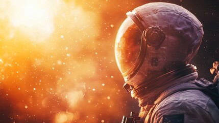 Astronaut near flames, space exploration equipment
