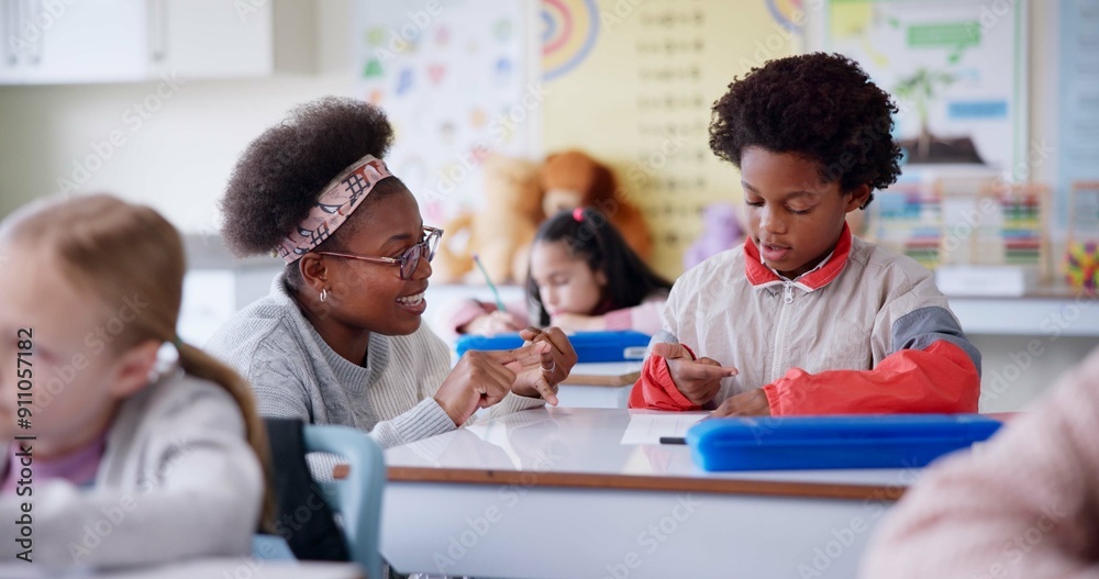 Sticker Education, teacher and student with counting in lesson for math support, learning and assessment in classroom. Teaching, educator and numbers assignment at school for development, study and knowledge