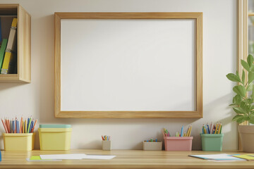 The blank whiteboard in the classroom, white board with frame on wall for concept space and mock up ideas. School setting background
