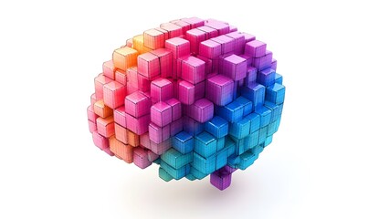 Brain made of cubes, white background, vibrant colors, hyper realistic in the style of unknown artist.