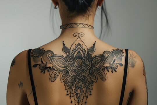 A large, ornately detailed tattoo covering the subject's upper back, featuring floral motifs combined with mandala elements in a symmetrical, blackwork style.