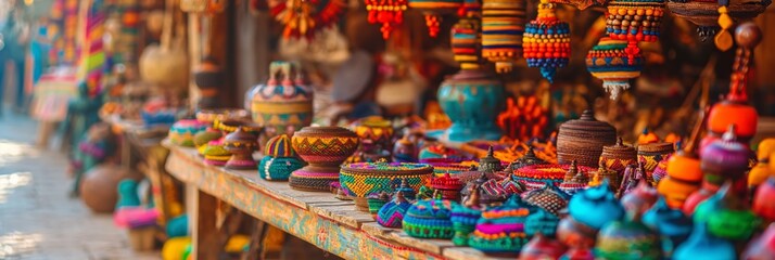 Fototapeta premium A lively marketplace filled with colorful handcrafted goods such as baskets and decorations, showcasing vibrant and diverse cultural craftsmanship.