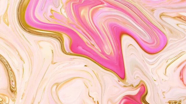 This Colorful swirls of pink and gold blend together in an abstract artwork.