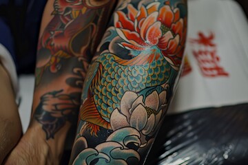 An intricately designed koi fish tattoo on an arm, accompanied by detailed flowers and waves, showcasing both traditional artistry and modern tattoo techniques.