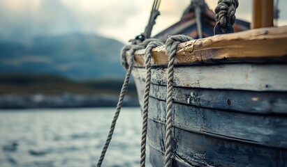 Fototapeta premium Rope and wire were attached to the bow of an old fishing boat, shown in close up, docked
