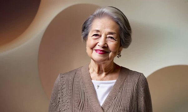 Portrait video of a satisfied Chinese woman in her 60s wearing a chic cardigan against an abstract background 