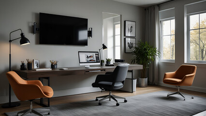 A modern home office with multiple monitors, high-tech gadgets