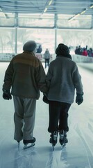 Obraz premium An elderly couple enjoys skating hand in hand at a bustling indoor rink