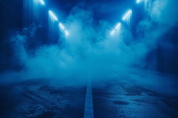 Dramatic scene with vibrant blue and purple lighting and dense fog creating an eerie atmosphere.