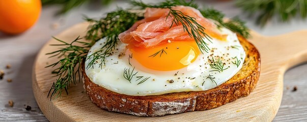 Fried egg with a crispy base on sourdough toast, topped with smoked salmon and dill, gourmet brunch