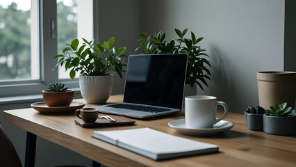 Inspiring Work Environment: Home Office with Ample Natural Light and Vibrant Indoor Plants