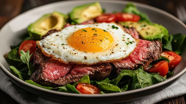Sunny-side-up egg with crispy edges on a steak and avocado salad, protein-rich and satisfying