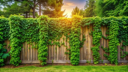 Serene fence backdrop overwhelmed with lush green vines, shielding the wall from sunlight, evoking a peaceful residential atmosphere in a natural setting.