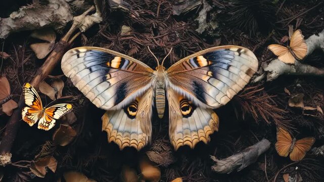 Animation of big beautiful brown butterfly flapping wings in nature. Natural background. Dark magic mystical concept. Autumn or summer season. Entomology concept. Mocha Mousse - color of the year 2025