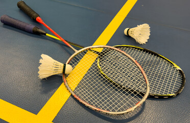 shuttlecock and badminton racket on the court