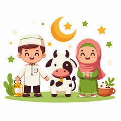 Eid Al Adha Illustrations. Muslims Prepare Livestock to Be Sacrificed. People Celebrate Eid Al Adha