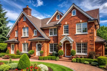 Traditional exterior of a classic house featuring rustic red brick walls, mortar joints, and a warm, inviting atmosphere on a sunny day.