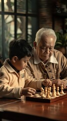 A young boy learns chess strategies from his grandfather in a warm, inviting environment